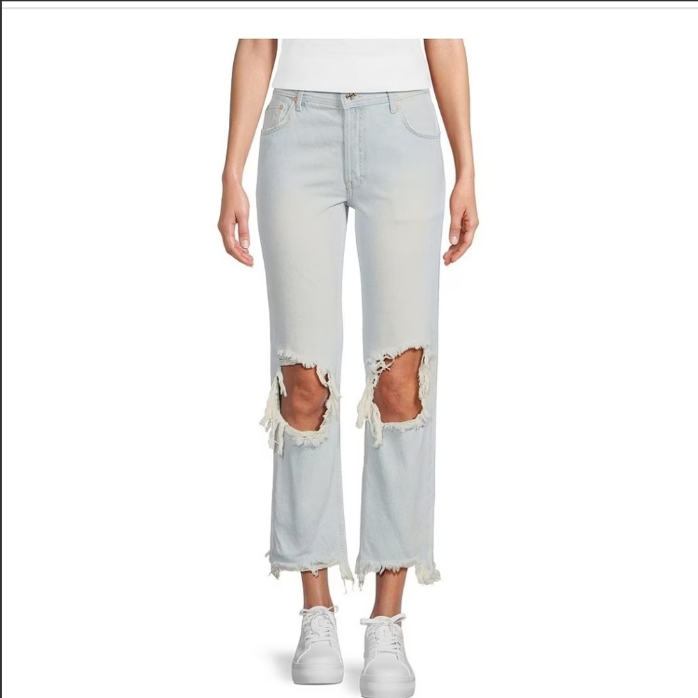 Free People Maggie Straight Leg Mid Rise Distressed Denim Sz 28